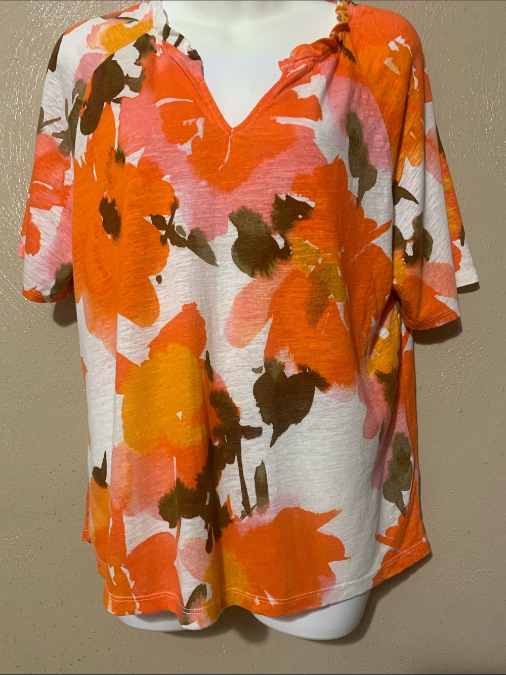 Joie size L White V-Neck Floral Top with Orange & Pink Accents